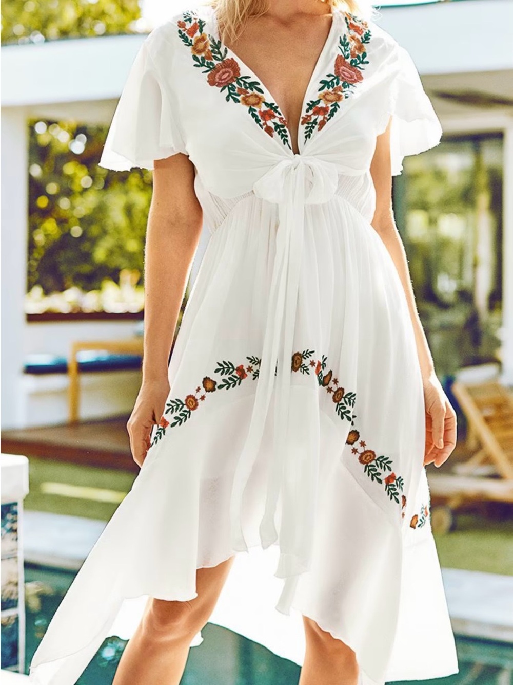 🤍 Cupshe White Floral Ruffle Embroidered Dress — Size Small